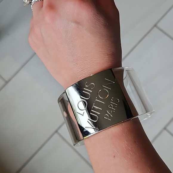 Louis Vuitton Clear Resin Silver Logo Cuff Bangle Bracelet w/Dustbag - AUTHENTIC - Picture 1 of 8